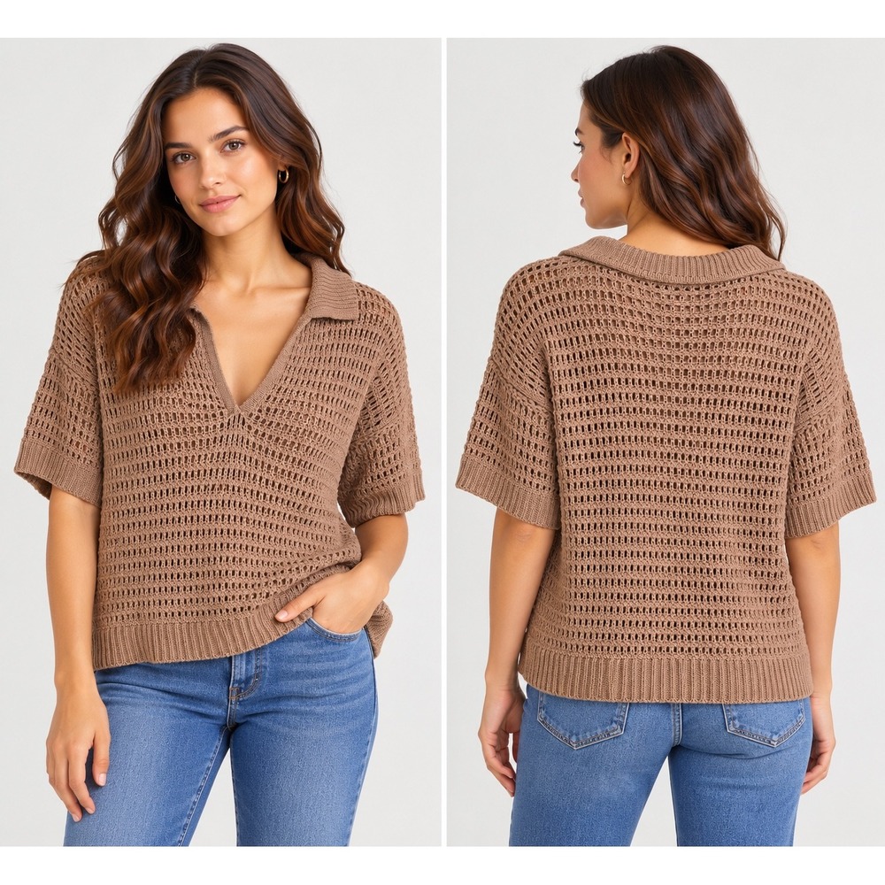 Max Studio London Tan Open Knit Short Sleeve V-Neck Sweater 3711997 Womens S